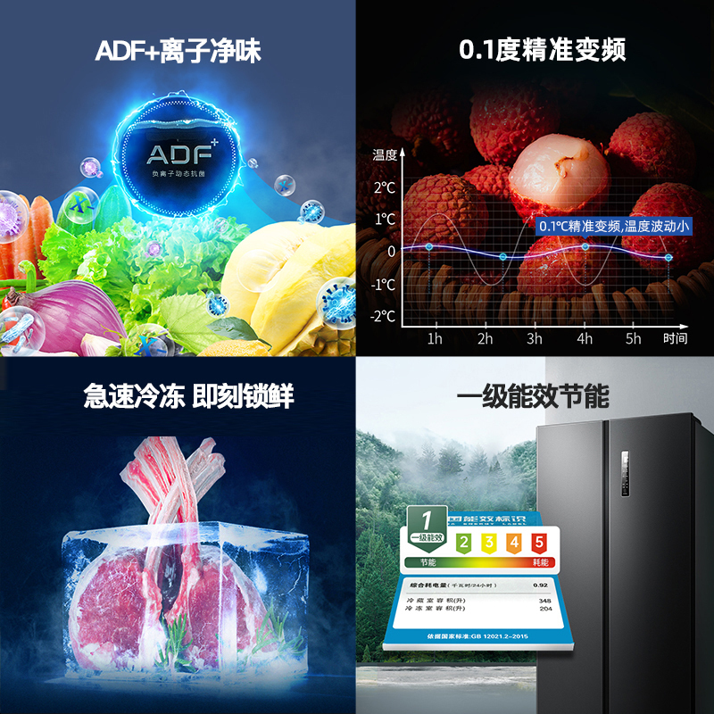 [离子净]美菱(MELING) 552升对开门冰箱一级能效双变频风冷无霜节能低噪嵌入式家用电冰箱抗菌净味大容量苏宁自营