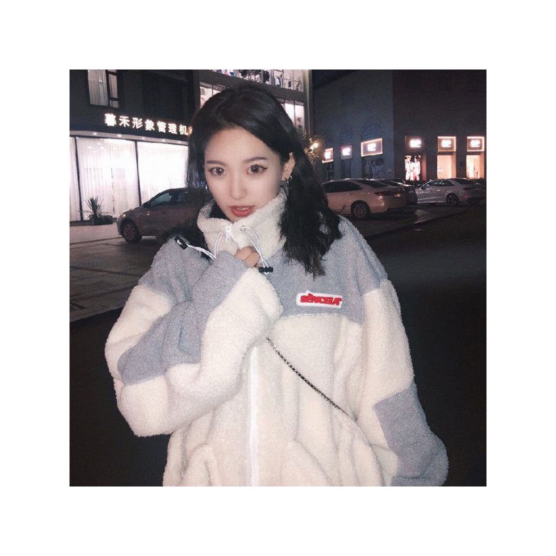 羊羔毛外套女韩版原宿bf拼色宽松学生开衫保暖大衣加绒加厚棉服冬