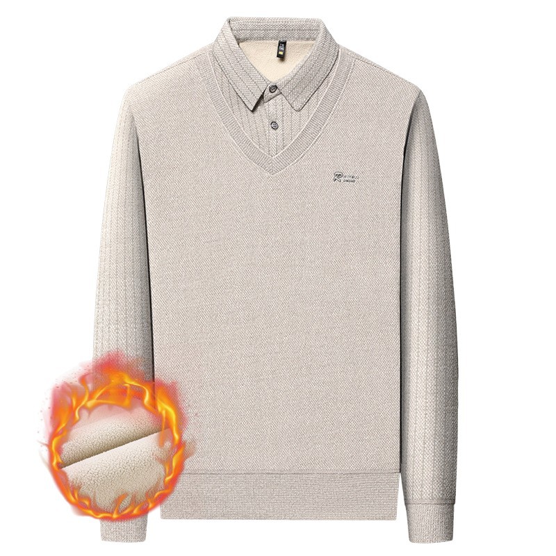 雪貂绒男士假两件毛衣2025冬季新款加绒加厚保暖翻领打底针织衫男高清大图