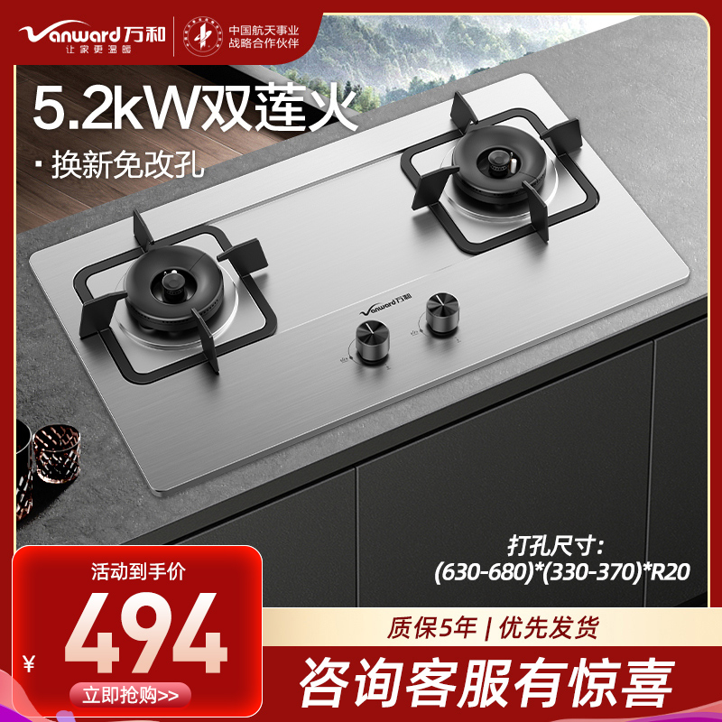 万和 一级能效 [蓝莲花]5.2kW大火力 家用台式嵌入式燃气灶具 双眼灶 不锈钢 JZT-B9B50(天然气)
