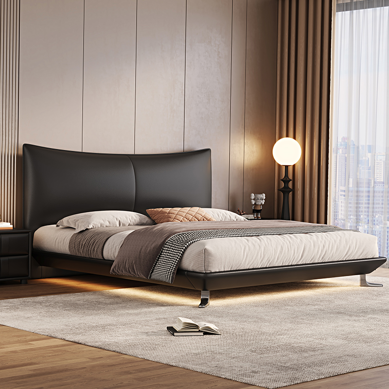 意式真皮床轻奢现代简约双人床主卧鸭子脚满铺悬浮床家用软包婚床高清大图