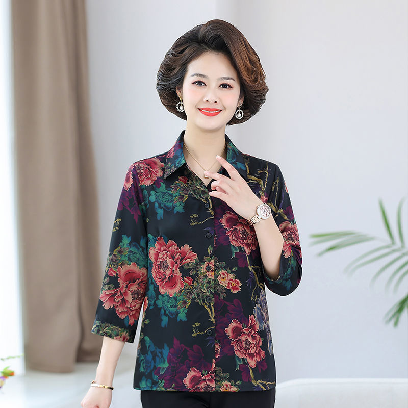 calfland衬衫女妈妈夏装中老年衬衣宽松大码印花上衣女装