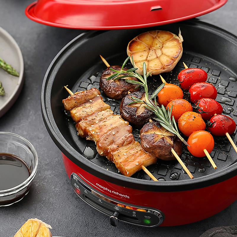 摩飞多功能电火锅家用分体式鸳鸯火锅烧烤肉蒸煮炒煎电煮锅mr9087红色