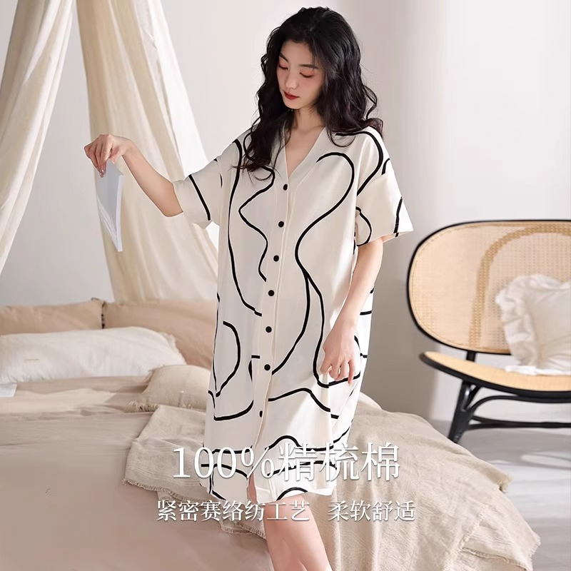 猫人带胸垫睡裙女夏季纯棉短袖中长款新薄款性感连衣裙家居服