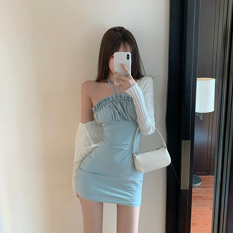 婕秘LGGSTYLE chic风修身一抹蓝连衣裙+针织短款开衫套装女2020新款