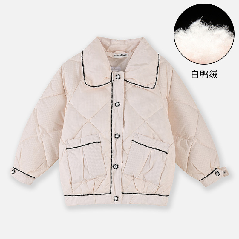 铅笔俱乐部2024秋冬新品女童羽绒服儿童大翻领保暖上衣中大童外套 130cm 浅杏