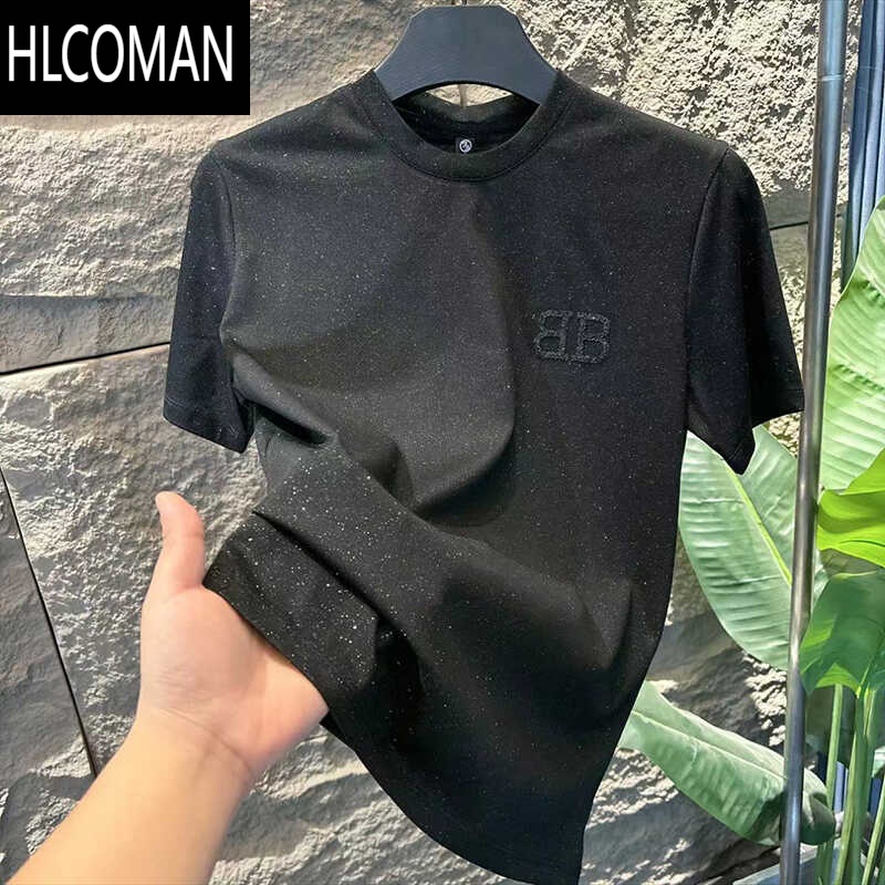 HLCOMAN短袖男士潮流圆领t恤网红亮晶晶半袖男女同款休闲上衣小衫
