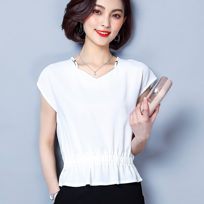 短袖纯色雪纺衫女夏季新款大码洋气上衣遮肚子宽松妈妈V领打底