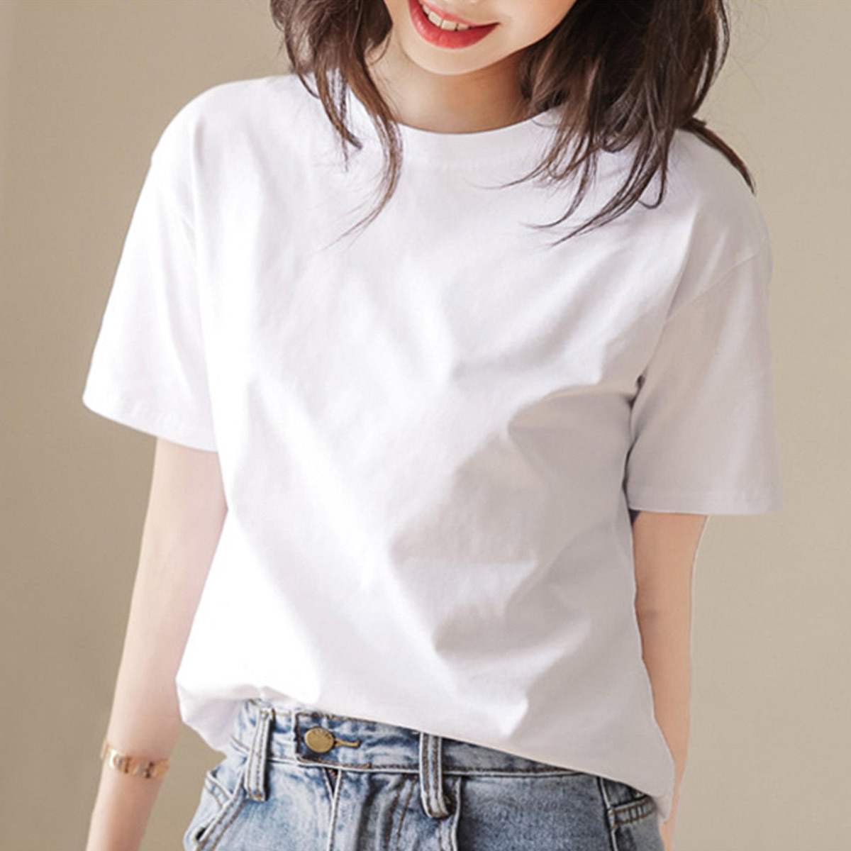 唐狮夏季短袖t恤女简约圆领净色打底上衣时尚流行潮高清大图