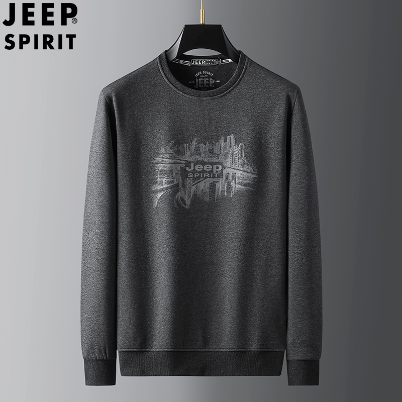 JEEP SPIRIT吉普男士卫衣加绒圆领套头衫秋冬保暖潮款花纹体恤衫中青年保暖上衣