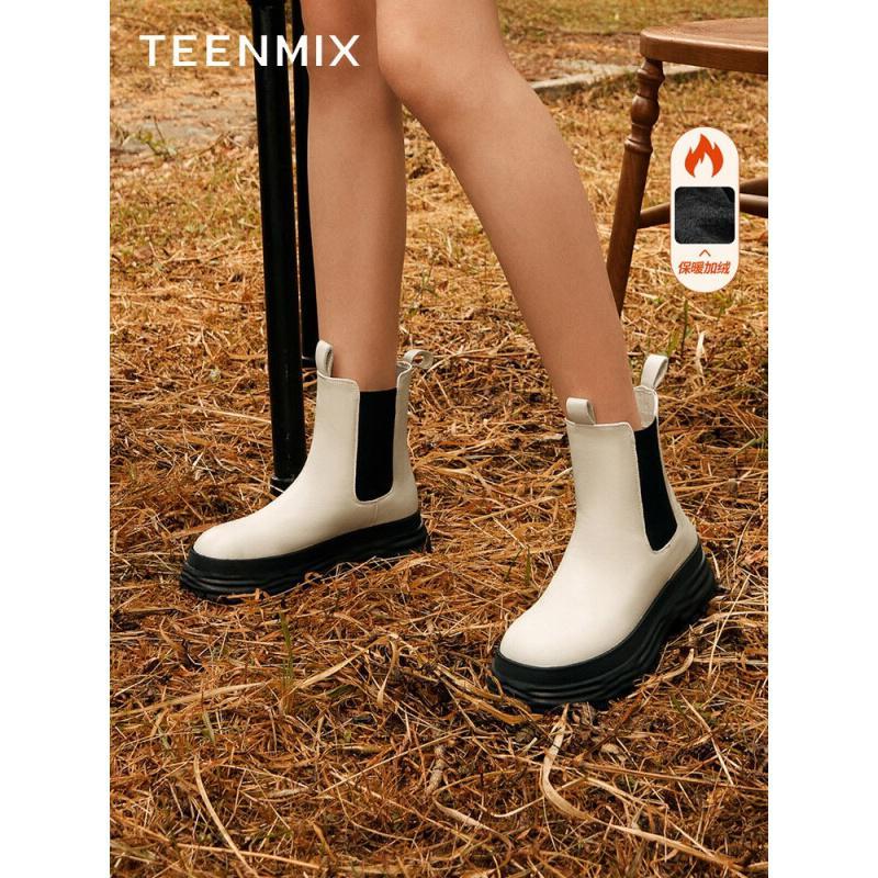 天美意(Teenmix)冬简约时尚百搭切尔西靴女靴NQX12DD2加绒预售