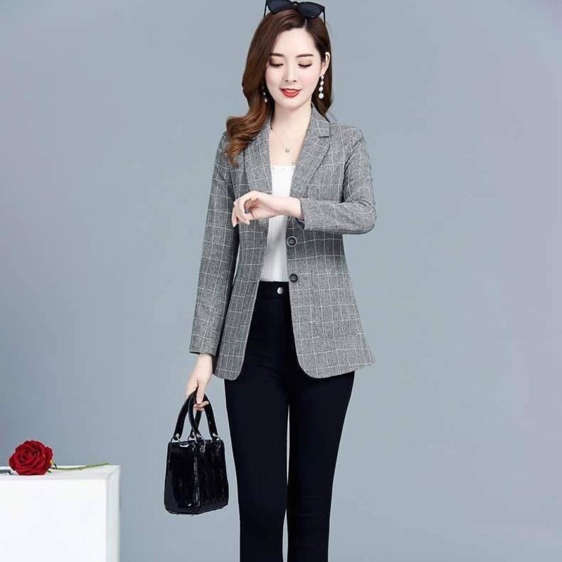 春秋新款流行格子长袖小西装女薄款外套休闲女神范西服褂子上衣女黑格