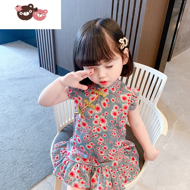 绿彩虹光女宝宝夏装碎花连衣裙女童儿童洋气夏季小童1旗袍裙2公主裙子3岁4