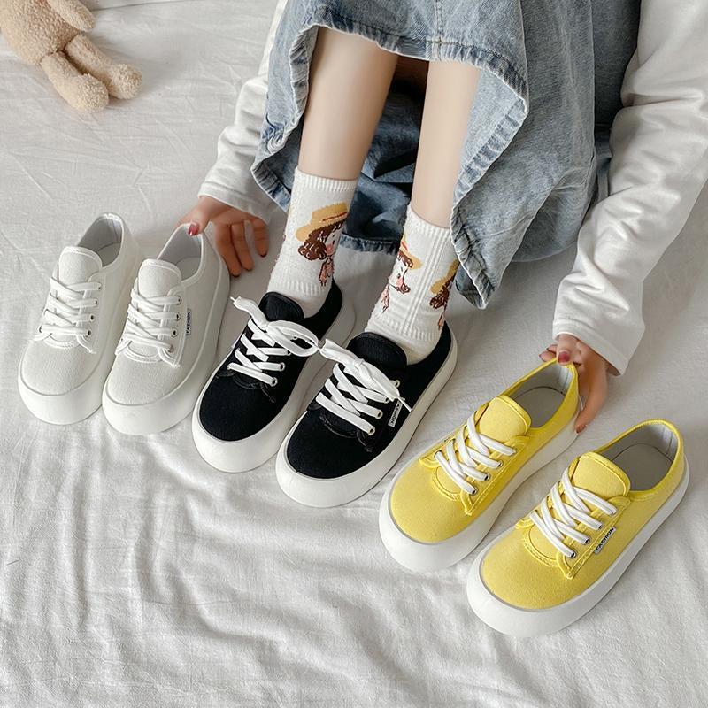 马卡龙色帆布鞋女可爱日系风厚底百搭圆大头ins潮圆头低帮小白鞋白色