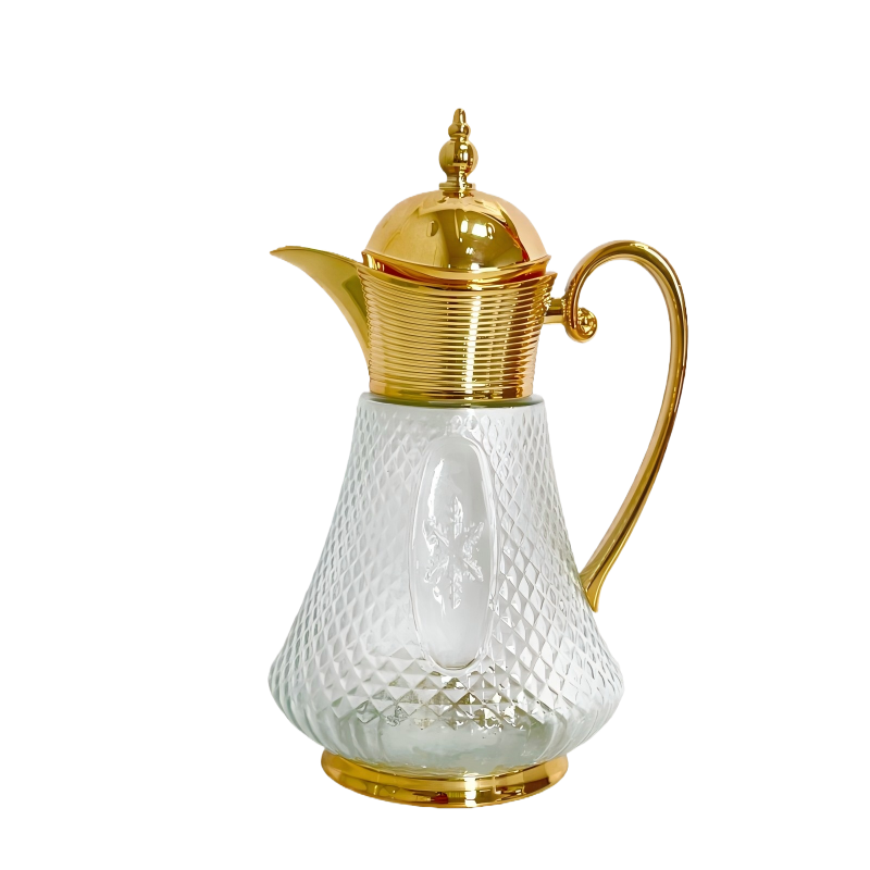 FULL阿拉伯大容量咖啡壶镀金镀银玻璃壶下午茶具浮雕玻璃中古冷水壶 白色 1L
