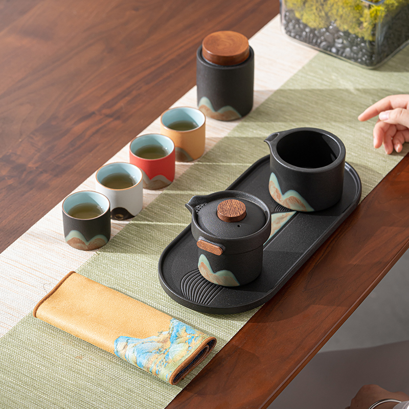 苏氏陶瓷(SUSHI CERAMICS)手绘釉画彩千里江山四色杯清风壶套装干泡盘禅黑文创伴手礼套组