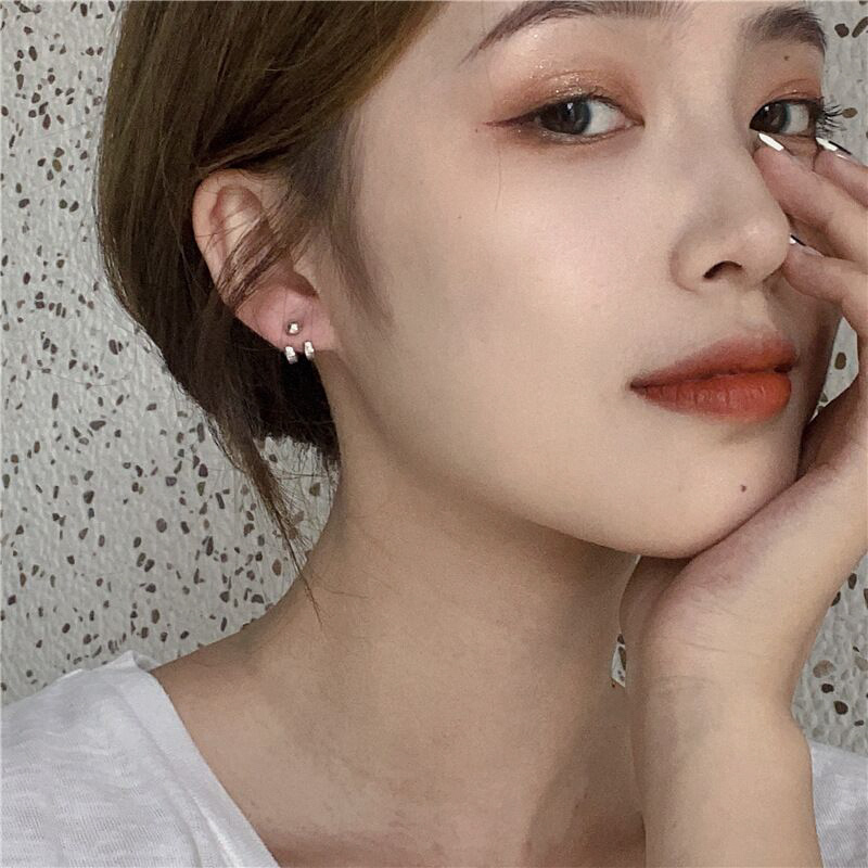 c形后挂式双线网红耳环气质韩国小巧简约复古耳饰品银色两戴耳钉视频