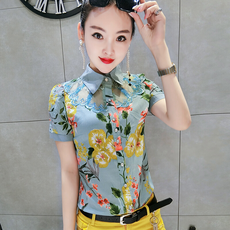 018夏季花色雪纺衬衫女短袖显瘦碎花拼接网纱镂空印花衬衣