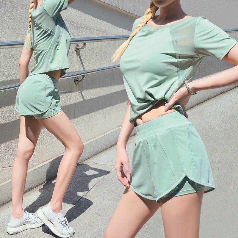 瑜伽服套装女网纱透气速干衣短袖短裤跑步服女健身服运动套装