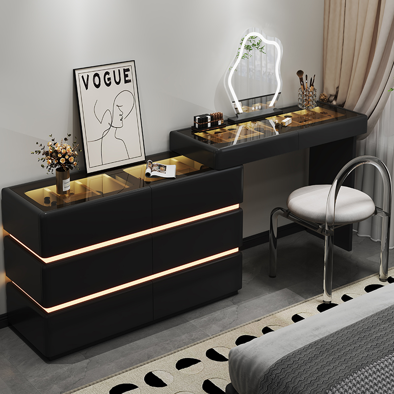 欧梵森奶油风梳妆台斗柜一体可伸缩转角带感应灯化妆桌现代简约卧室收纳柜高清大图