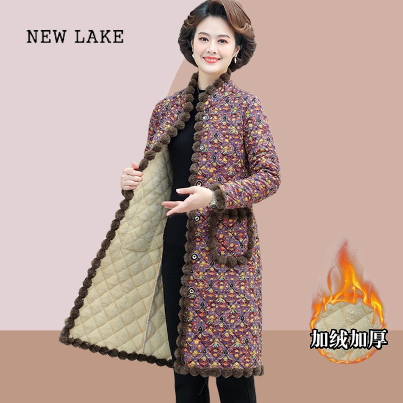 new lake妈妈装冬季中长版保暖棉服大尺码中老年女装加厚花色棉衣洋派