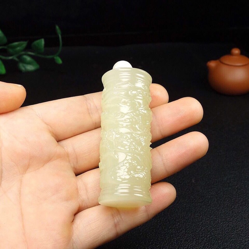 冰种玉龙柱手把件男士盘龙柱青白玉手玩件把玩炫石为玉附证书