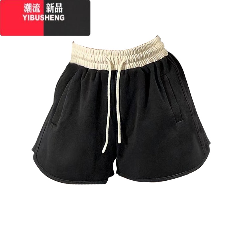 YIBUSHENGEternally move女短裤新款运动百搭松紧腰阔腿裤拼色热裤休闲裤 黑色 M
