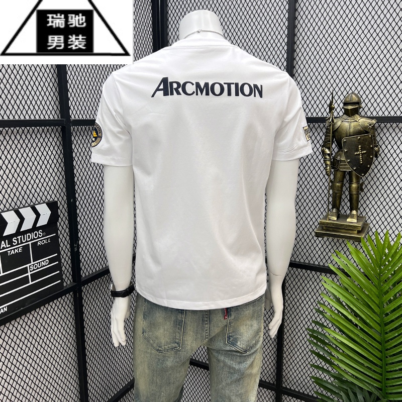 希杰狮王2023欧货高端轻奢刺绣莱卡棉男士短袖t恤印花半袖夏季男装