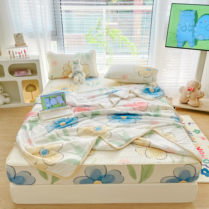 乳胶凉席床笠款夏被四件套乳胶席三件套夏凉被空调被冰丝 床笠款-花仙子 乳胶席150*200cm+枕套2只