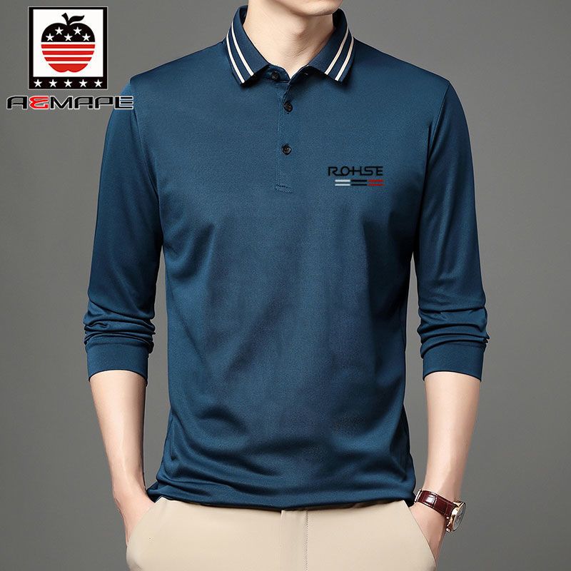 爱曼普新款含棉男士polo衫时尚条纹领纯色百搭休闲长袖薄款T恤男