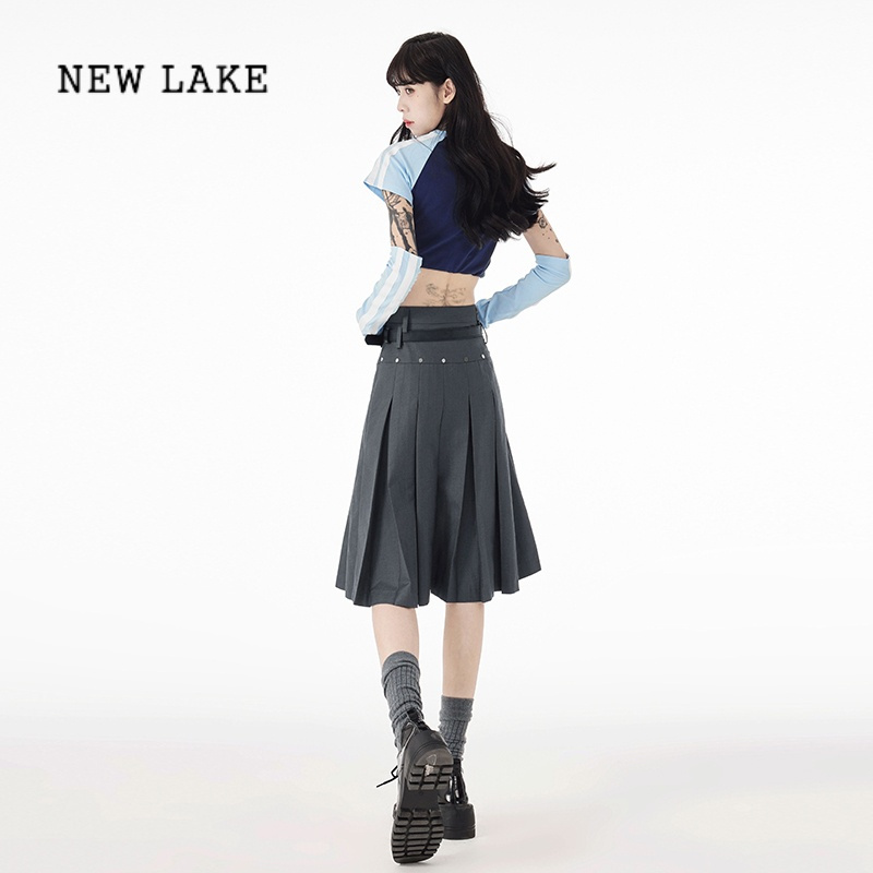 new lake美式学院风西装百褶裙高腰显瘦中长款配腰带a字辣妹灰色jk
