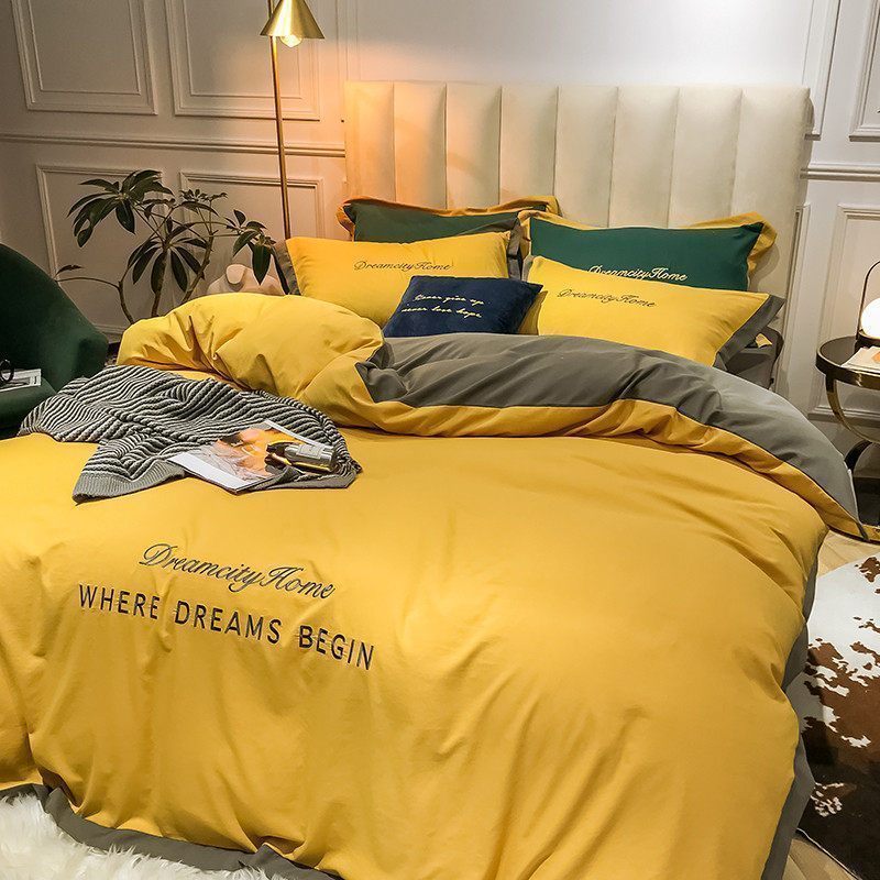 美帮汇床单四件套男生潮流灰色风被套欧美风简约大气铺盖套床笠式1.8 芥末黄 1.8床四件套【被套200*230cm】