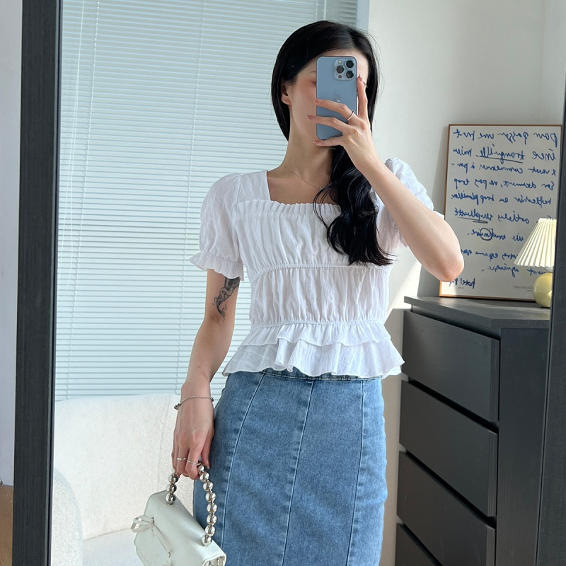 [1.5折价51元]唐狮 | 夏季衬衣女抽褶系带衬衫净色清新短款收腰上衣