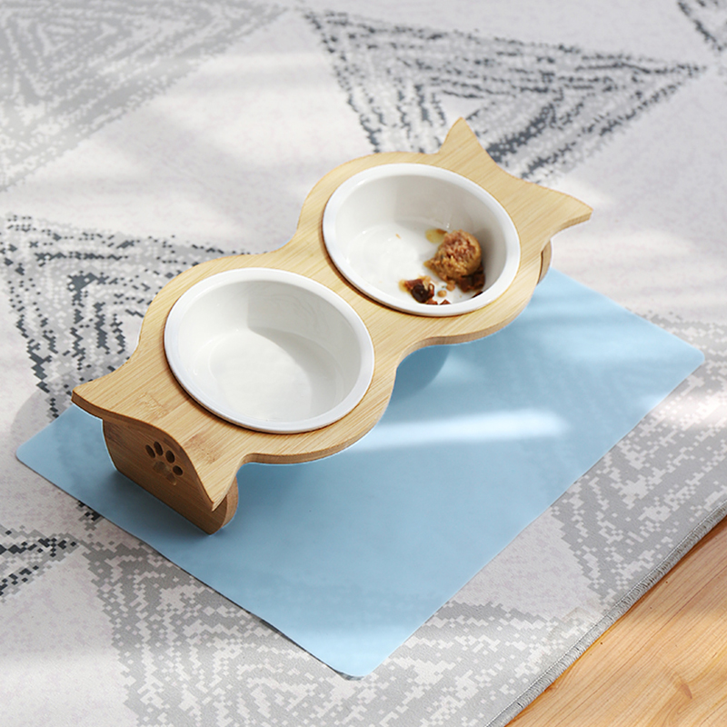 猫碗猫食盆陶瓷双碗狗单碗悬挂不锈钢宠物碗饮水保护颈椎猫咪用品 橡木陶瓷款+餐垫下单备注刻字内容 M-中型