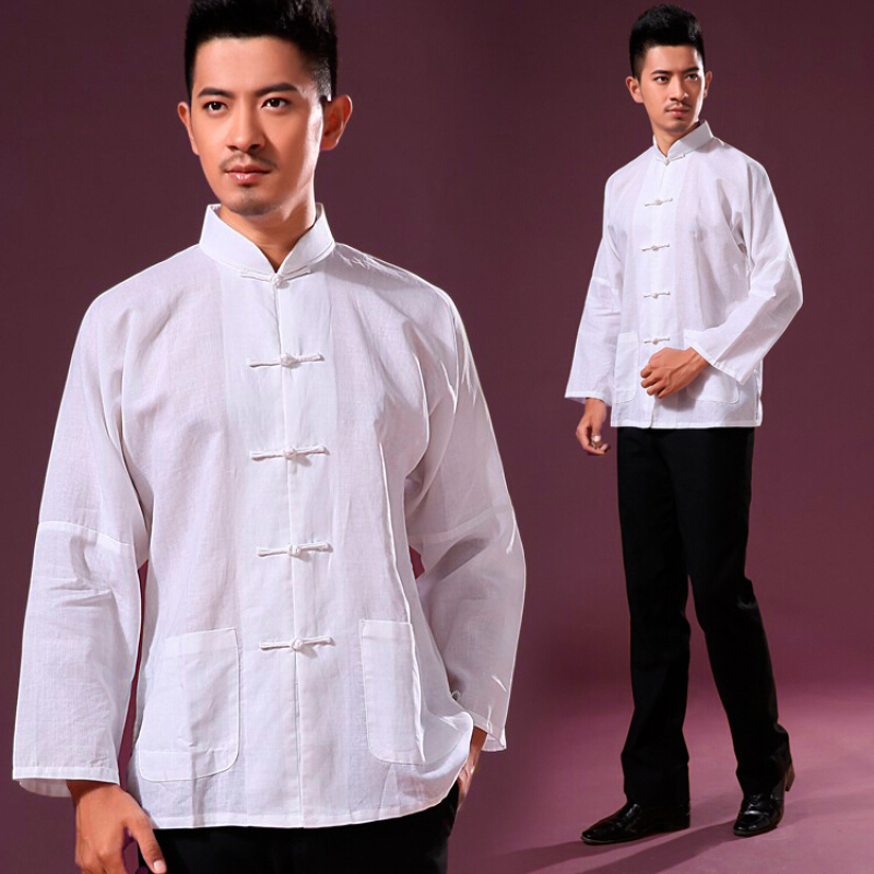 唐长袖男中式衬衫功夫打底衫居士棉麻秋款休闲男白