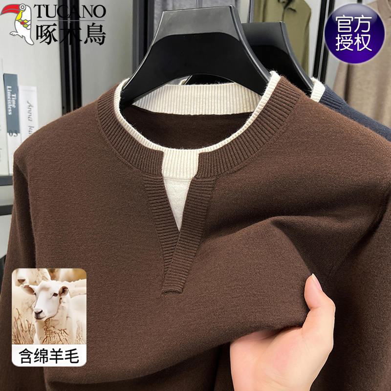 啄木鸟春秋季新款中年男士针织衫爸爸装假两件羊毛衫宽松长袖毛啄高清大图