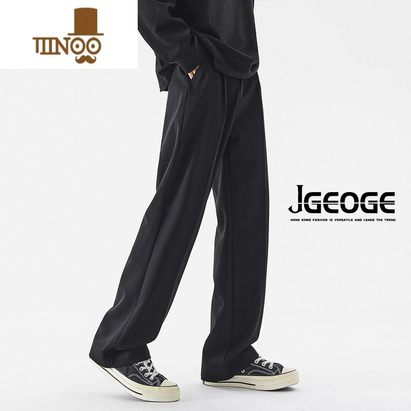 YANXU黑色西装裤子男潮流宽松百搭直筒西裤夏季休闲凉感冰丝裤高清大图