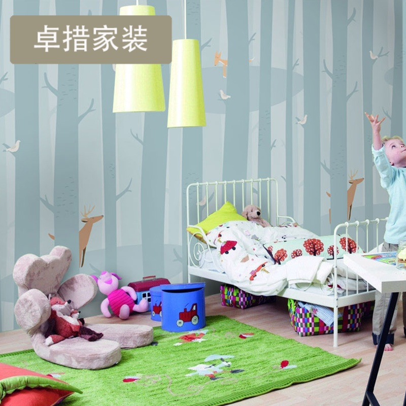 蓝色儿童房壁纸北欧男孩女孩房卧室墙纸定制幼儿园壁画墙布壹德壹