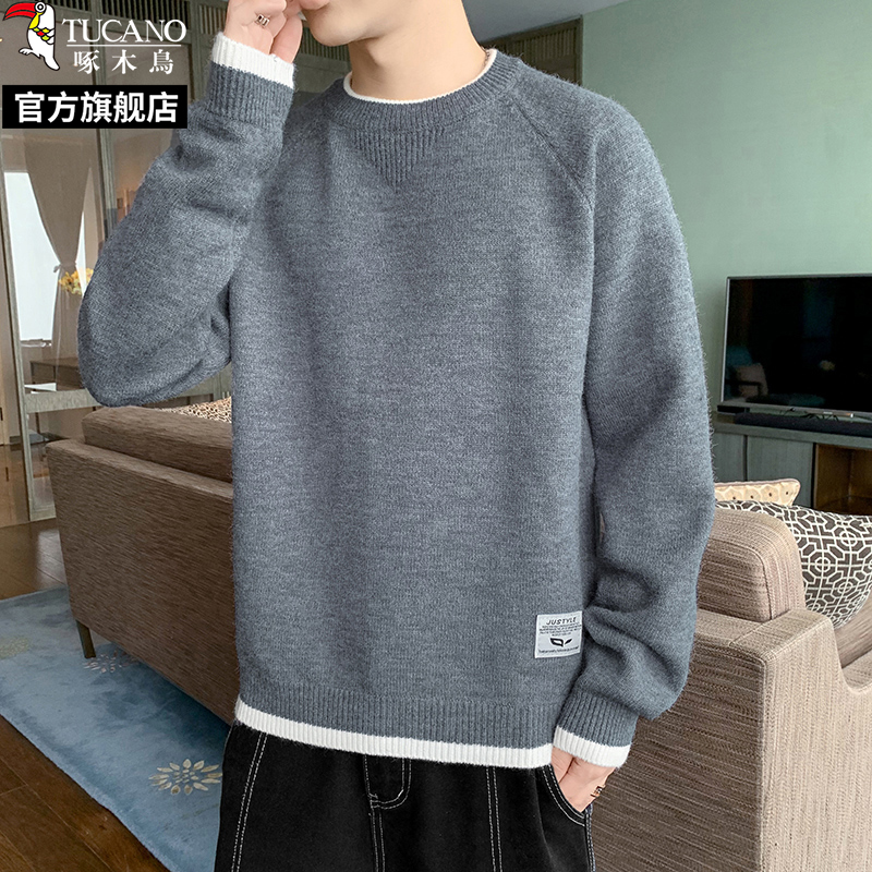 啄木鸟2024秋冬季新款假两件圆领撞色毛衣男加绒打底针织衫线衣服高清大图