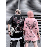 国潮嘻哈2019夏季新款女短袖T恤情侣宽松五分袖oversize上衣男