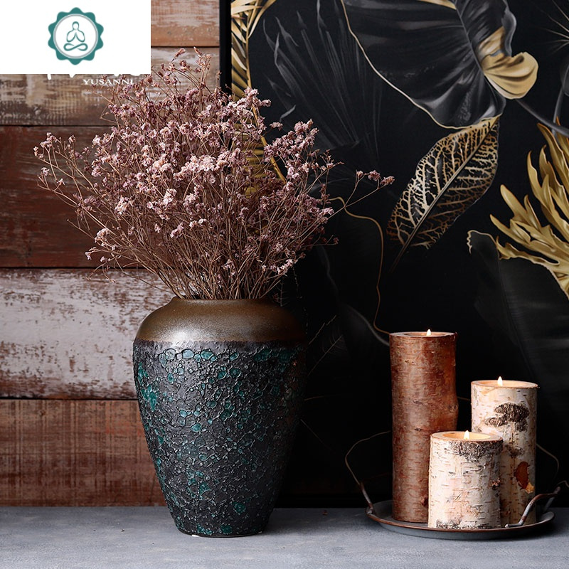 复古文艺北欧花瓶现代简约陶瓷客厅插花摆件粗陶陶罐干花装饰摆件 封