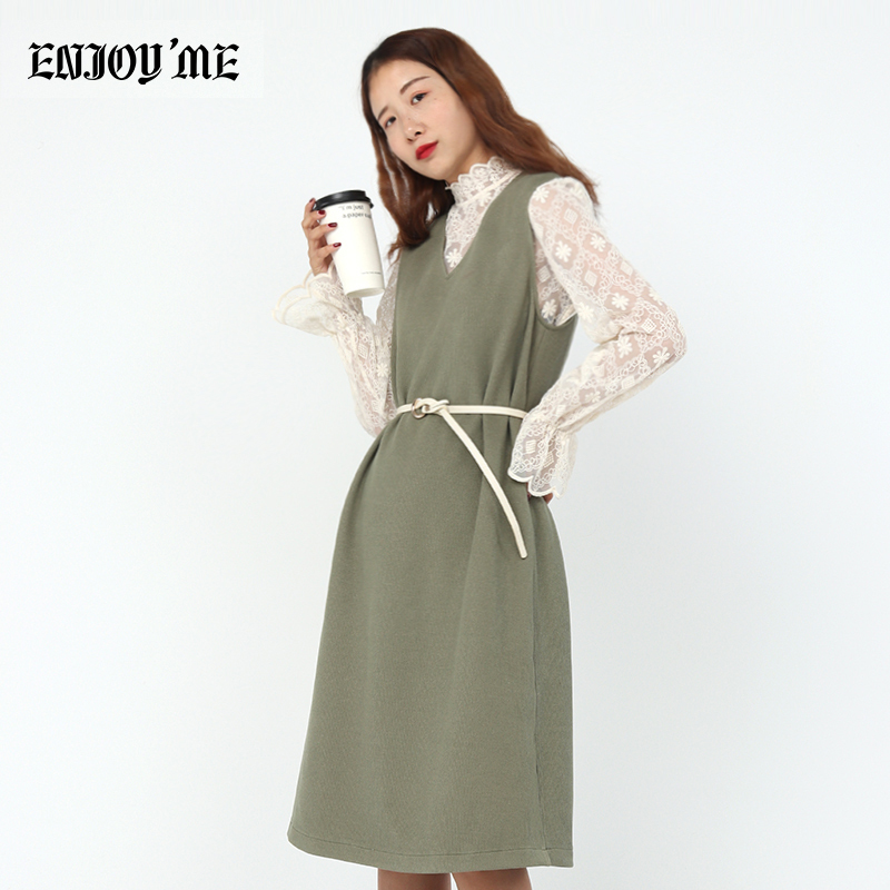 ENJOY’ME女装2019冬季新品清新文艺风系腰带蕾丝打底针织套装长裙