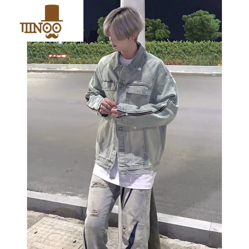 YANXU黄泥染男士牛仔裤2023新款时尚套装做旧破洞美式高街牛仔外套