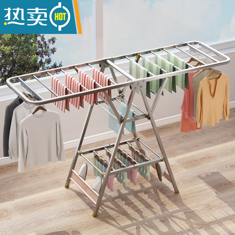 敬平不锈钢晾衣架落地折叠卧室内阳台凉衣架婴儿晾衣架晒被子器家用 加粗旗舰1.6米二层[20mm方管]⭐鞋托⭐防风条⭐轮子高清大图