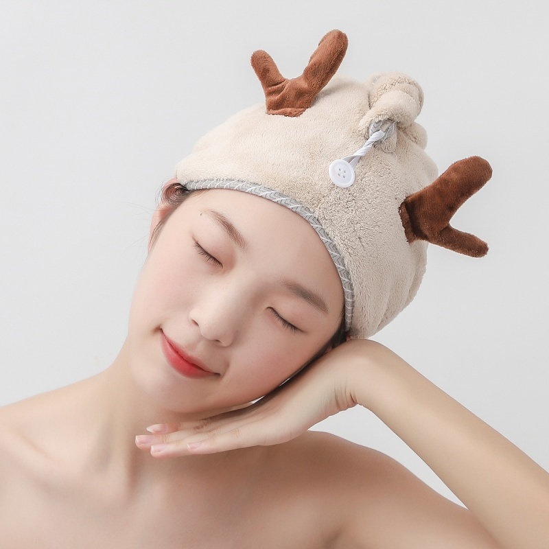 干发帽女吸水速干洗头毛巾抖音擦头发可爱成人浴帽包头巾 三维工匠 驼色绵羊+驼色小鹿[两条装]