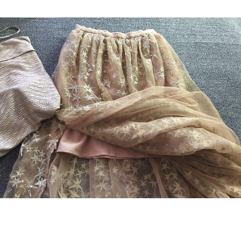 星星刺绣仙女长裙女春夏2018半身裙超重工珍珠烫钻星空开衩网纱裙半裙
