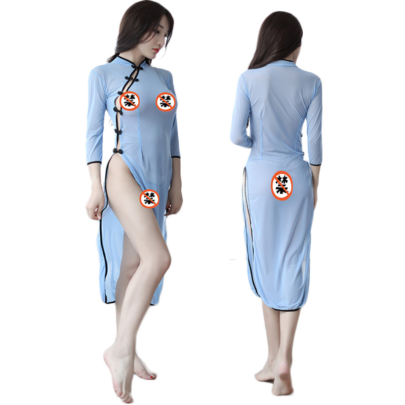 女士情趣内衣学生装古装旗袍吊带肚兜丁字内裤制服职业套装性感透明女式情趣睡衣透视诱惑三点破洞开档睡裙子长夜漫漫成人女性用品 学生长旗袍套装 均码