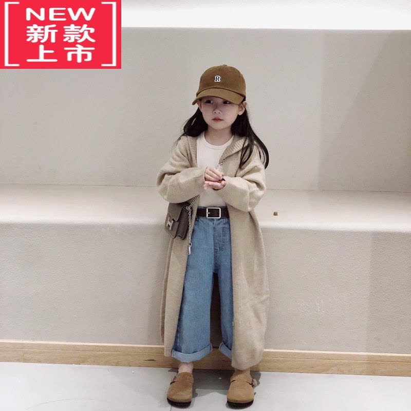 可莉允恬恬很甜 2022新款女童秋冬针织开衫时髦慵懒风连帽长款毛衣外套图片