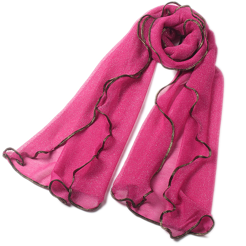 春秋新款亮丝包边围巾女长款民族风百搭纱巾多功能跳舞丝巾披肩玫红色