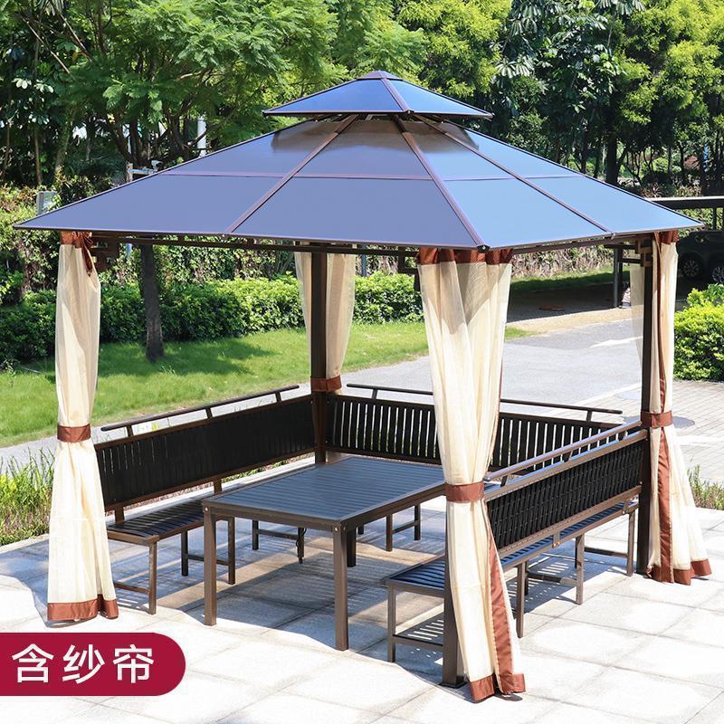 森美人室外铁艺亭子四角亭户外凉亭小木屋庭院花园农家乐农庄帐篷遮阳棚 三面座板+塑木桌【含纱帘】